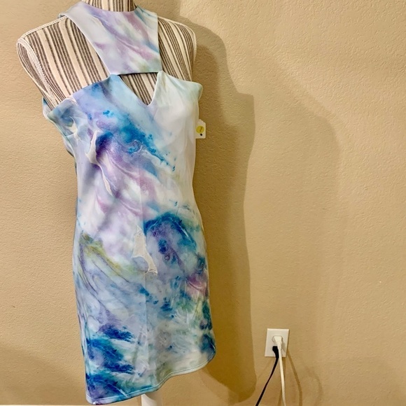 NWT Mini Dress Large by Artist Velia Lala Blues Purples Greens Keyhole Stretchy - Picture 6 of 16